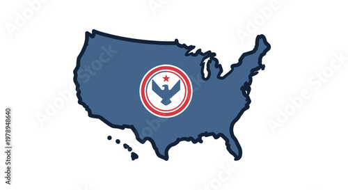United States map with patriotic eagle emblem.