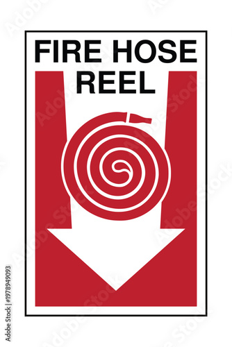 Fire Hose Reel Location Sign with Down Arrow Vector, Emergency Fire Equipment Indicator for Workplace Safety, Industrial and Public Building Fire Hose Directional Safety Signage