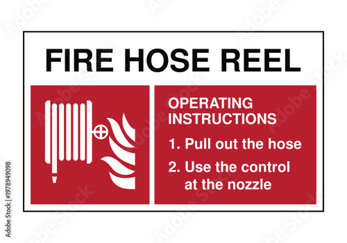 Fire Hose Reel Operating Instructions Safety Sign Vector with Usage Guide, Emergency Firefighting Equipment Signage for Workplace Safety Compliance and Industrial Fire Protection Systems