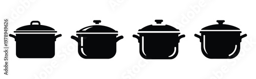 cooking pot silhouette icon set, black color and white background