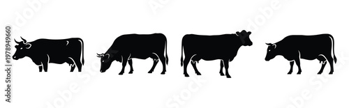 cow silhouette simple icon set, black color and white background