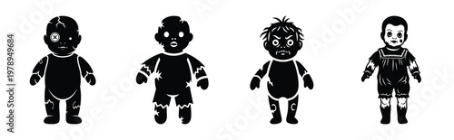creepy doll silhouette icon set, black color and white background