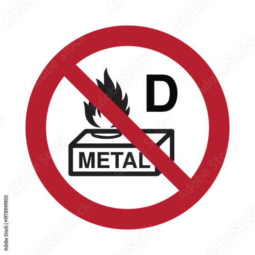 Do Not Use on Class D Fires Prohibition Sign Vector, Flammable Metal Fire Warning Symbol with Metal Icon, Industrial Fire Safety Signage for Workplace Hazard Compliance
