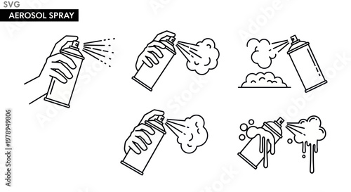 Aerosol Spray Can Icons: Hand Holding Spray, Paint Splatter, Liquid Drips