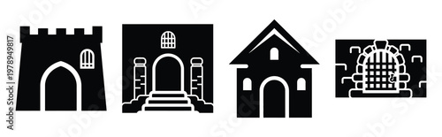 dungeon silhouette simple icon set, black color and white background