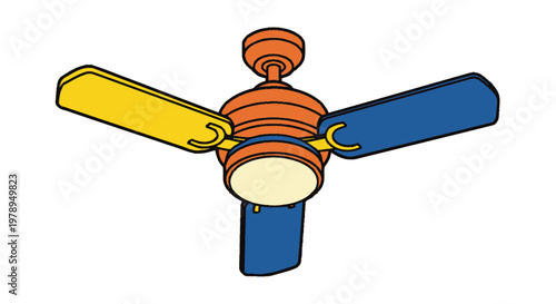 Colorful Ceiling Fan with Light, Orange, Blue, Yellow Blades, Isolated on White