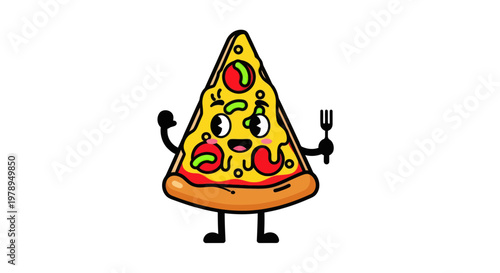 Funny cartoon pizza slice character holding a fork, isolated on white background.