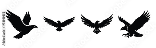 eagle silhouette simple icon set, black color and white background