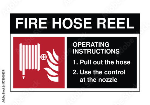 Fire Hose Reel Operating Instructions Safety Sign Vector, Emergency Fire Equipment Usage Guide with Step by Step Instructions for Workplace Compliance and Industrial Fire Protection