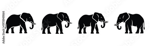 elephant silhouette simple icon set, black color and white background