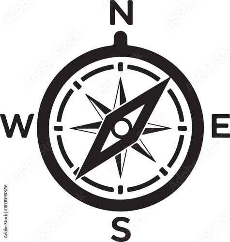 Compass navigation icon, directional symbol, black vector, navigation tool, travel compass