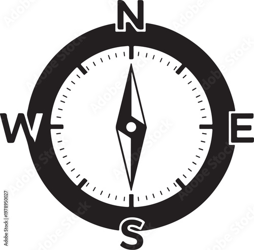 Compass navigation icon, directional symbol, black vector compass, navigation tool