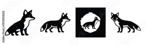 fox silhouette simple icon set, black color and white background