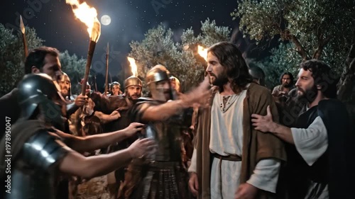 Judas betrays Jesus with a kiss in the Garden of Gethsemane under moonlight
