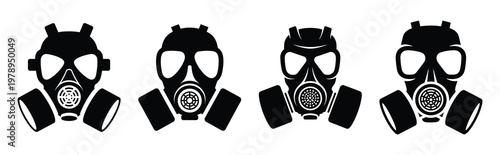 gas mask silhouette icon set, black color and white background