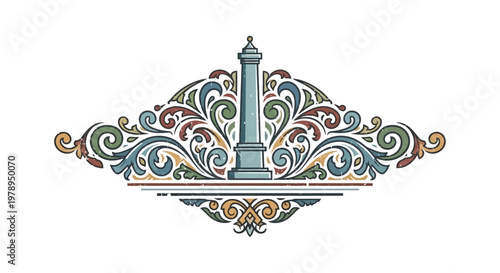 Vintage ornate decorative element with central column and intricate floral scrolls.