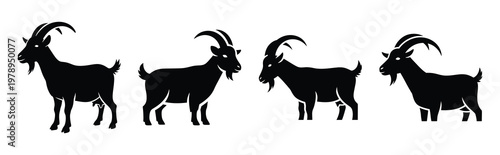goat silhouette simple icon set, black color and white background