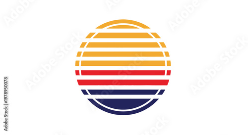 Retro sunset striped circle graphic design element.
