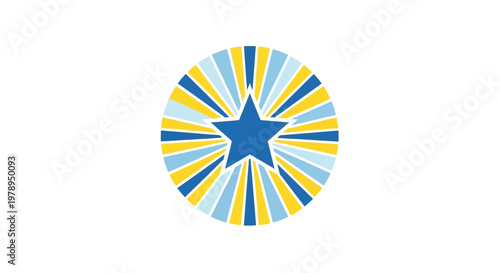 Blue star with radiating yellow and blue lines in a circular pattern.