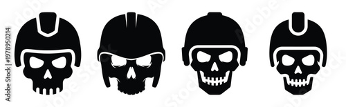 helmet skull silhouette icon set, black color and white background