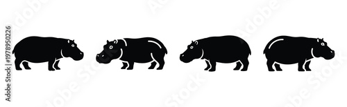 hippo silhouette simple icon set, black color and white background