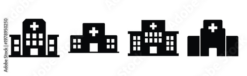 hospital silhouette simple icon set, black color and white background