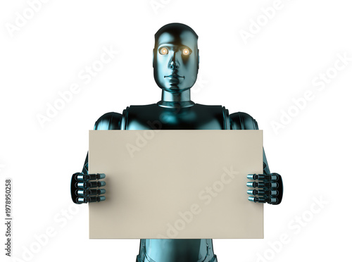 Foto Isolated futuristic metallic humanoid robot holding blank sign, advanced artific