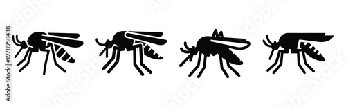 mosquito silhouette simple icon set, black color and white background