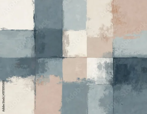 Panel kuchenny z motywem Abstract geometric pattern with soft gray and blue squares. Textured paint blocks create a modern, minimalist background. Clean, balanced composition with muted colors.