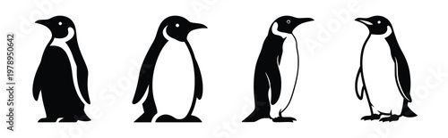 penguin silhouette simple icon set, black color and white background