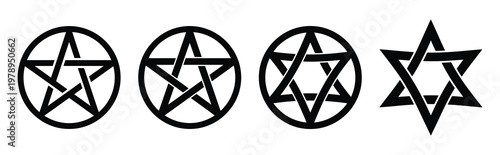 pentagram silhouette simple icon set, black color and white background
