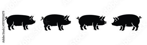 pig silhouette simple icon set, black color and white background
