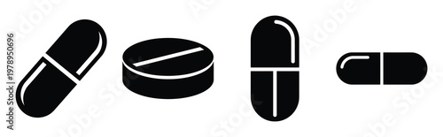 pill silhouette simple icon set, black color and white background