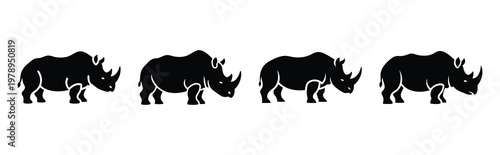 rhino silhouette simple icon set, black color and white background