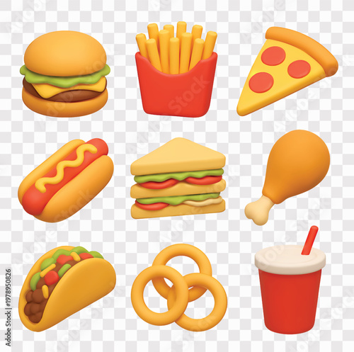 Fast Food and Tasty Snacks Vector Icon Set | 3D icon set |  burger, french fries, pizza slice, hot dog, sandwich, fried chicken drumstick, taco, onion rings, soft drink 