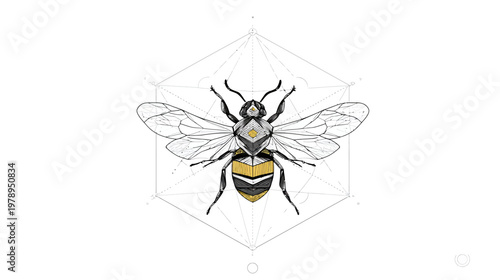 Detailed illustration of a bee inside a geometric shape isolated on white