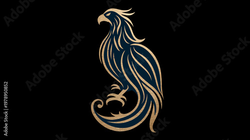 Elegant bird illustration in gold and dark blue against a black background