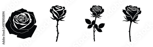 rose silhouette simple icon set, black color and white background