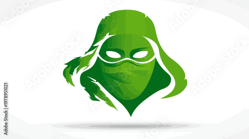 Green abstract illustration of a masked figure on a white background