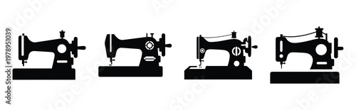 sewing machine silhouette icon set, black color and white background