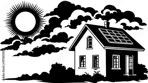 House silhouette with solar panels under sun and clouds environmental concept