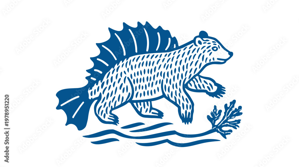 Fototapeta premium Stylized bear with fin illustration in blue on white background