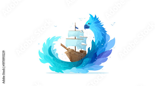 Stylized illustration of a sailing ship adorned with a watery bird element