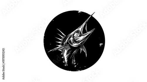 Stylized illustration of a swordfish within a black circular shape