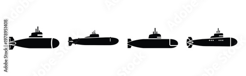 submarine silhouette simple icon set, black color and white background