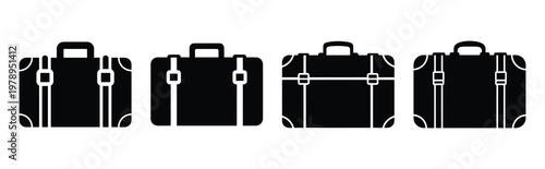 suitcase silhouette simple icon set, black color and white background