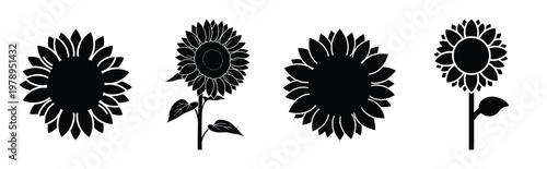 sunflower silhouette simple icon set, black color and white background