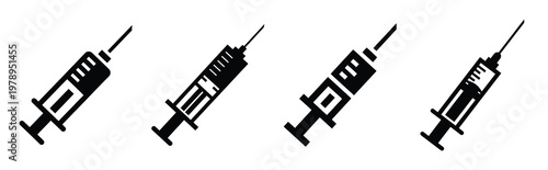 syringe silhouette simple icon set, black color and white background