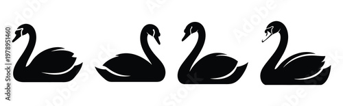 swan silhouette simple icon set, black color and white background
