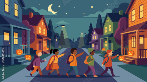 Children in Costumes Walking Through Neighborhood at Night on Halloween